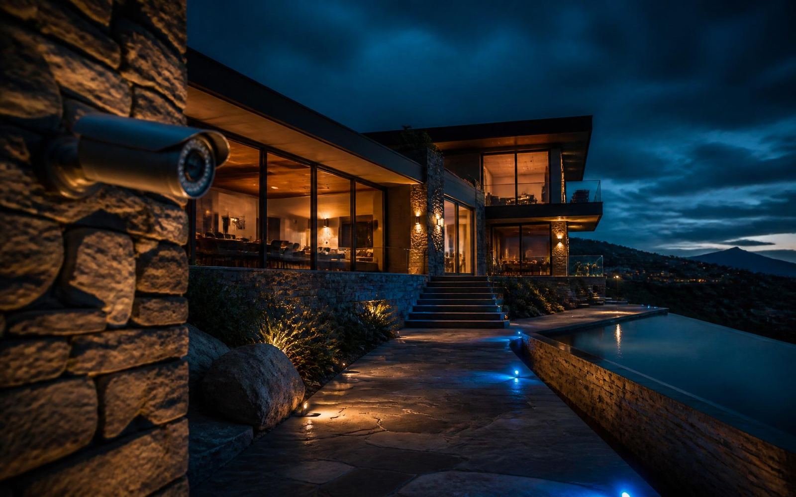 Luxury smart home at dusk secured by SA Home Automation
